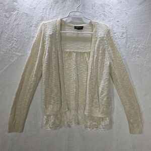 AB Studio Cream Open Cardigan Sweater with Lace Trim Size Medium